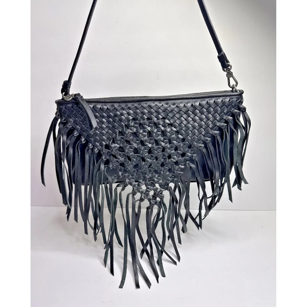 The Sak Filmore Purse Fringe Woven Black Leather Crossbody Clutch - Picture 1 of 16